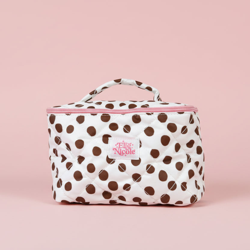 Quilted Handle Cosmetic Bag - Brown Polka Dots