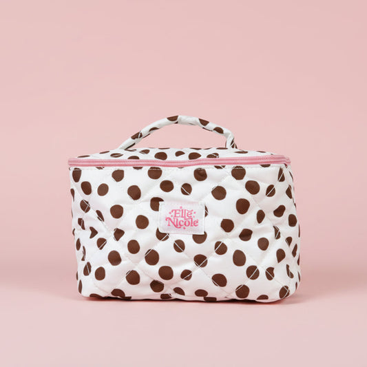 Quilted Handle Cosmetic Bag - Brown Polka Dots