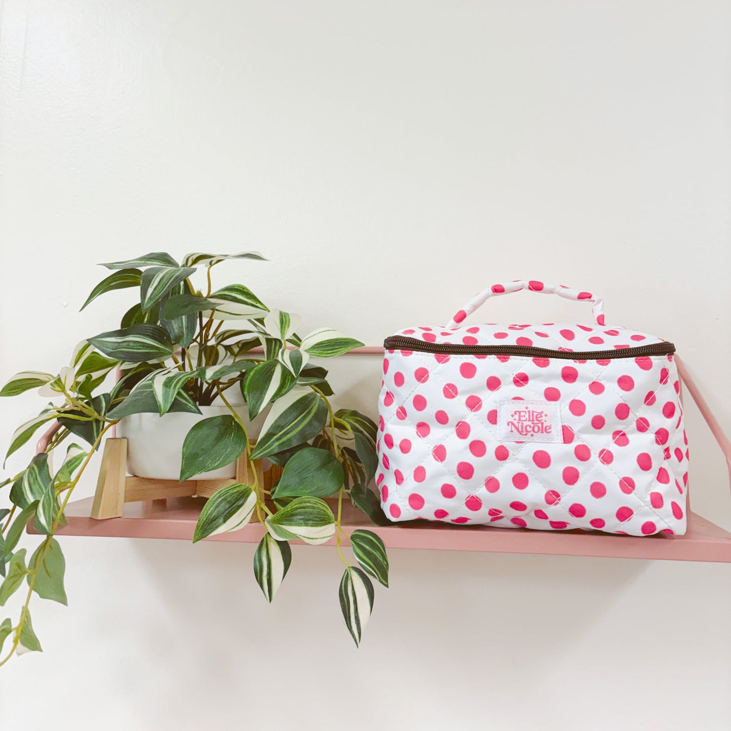 Quilted Handle Cosmetic Bag - Pink Polka Dots